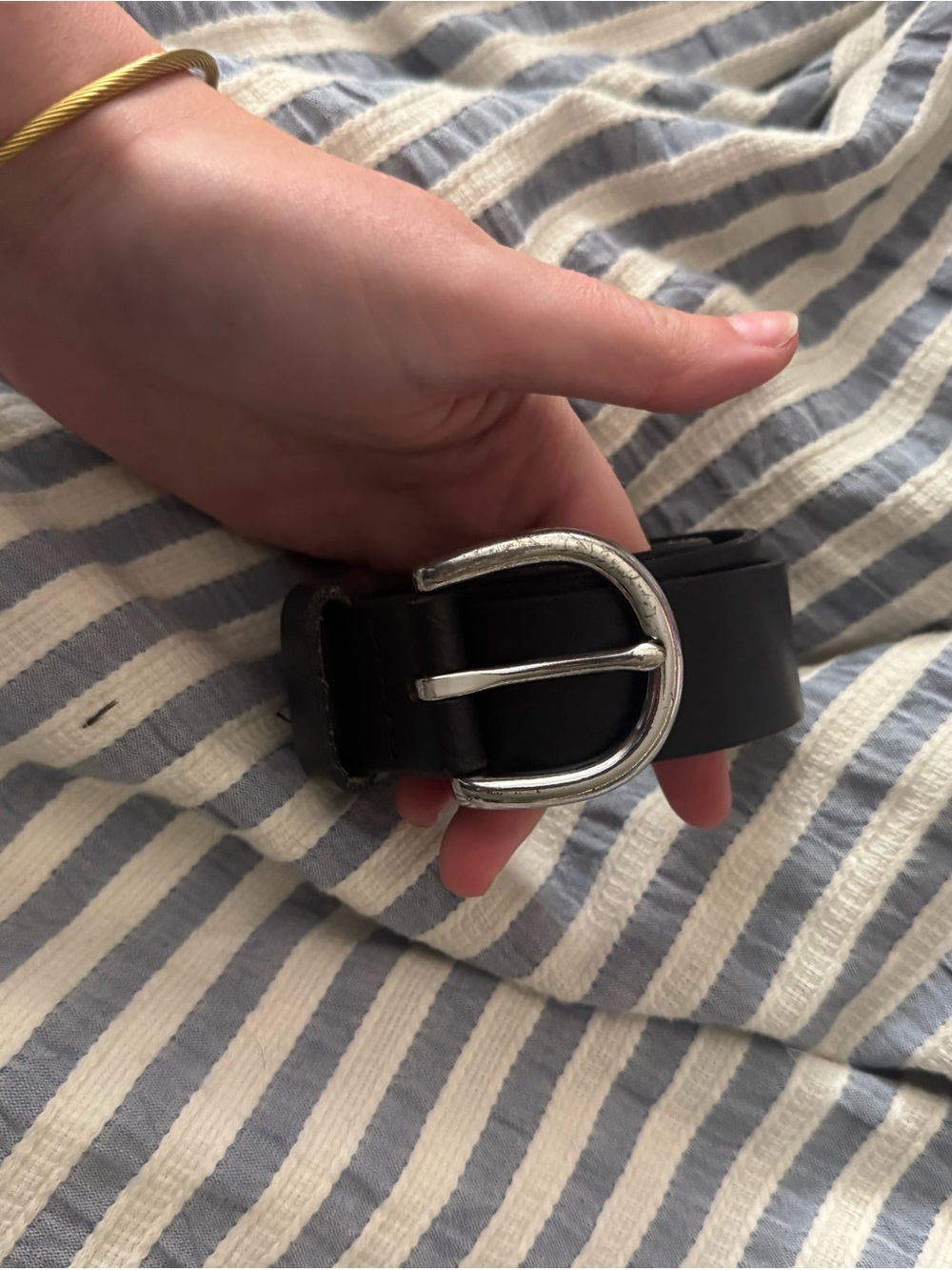 Women's Black Leather Belt with Silver Rounded Buckle